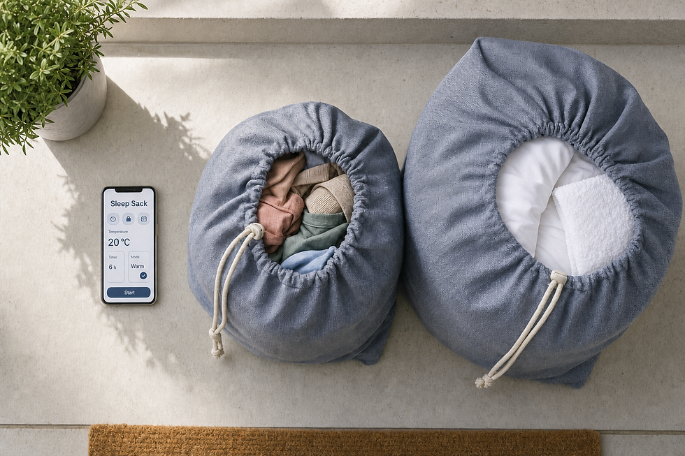 Two blue drawstring bags with clothes and a phone displaying a sleep sack app on a light floor next to a potted plant.