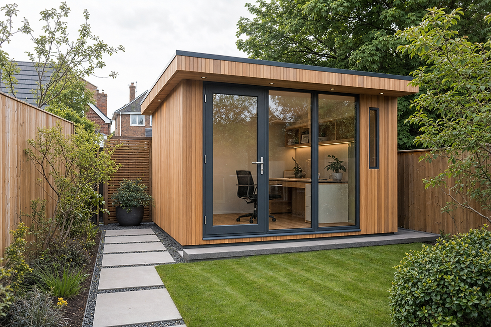 A modern wooden garden office with glass doors, surrounded by greenery and a neatly paved path.