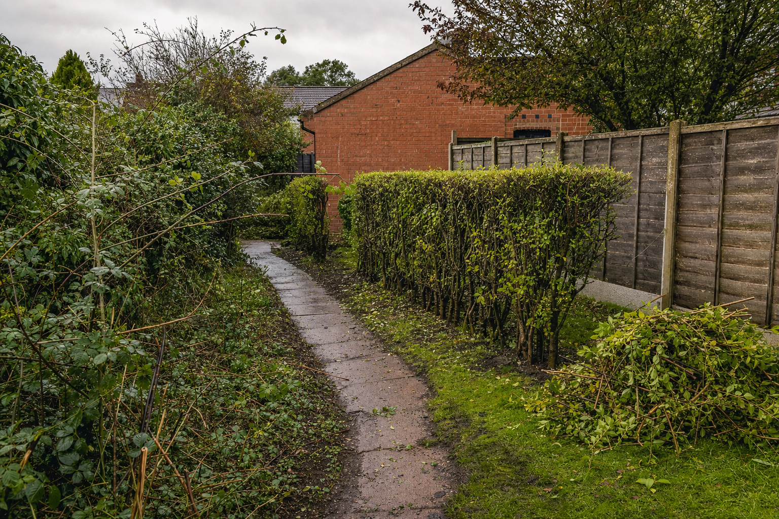 A narrow paved path lined with trimmed hedges leads towards a red brick building on a cloudy day.