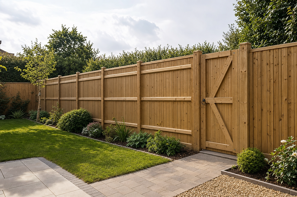 Wooden garden fence with a gate, bordered by neatly trimmed bushes and a paved path.