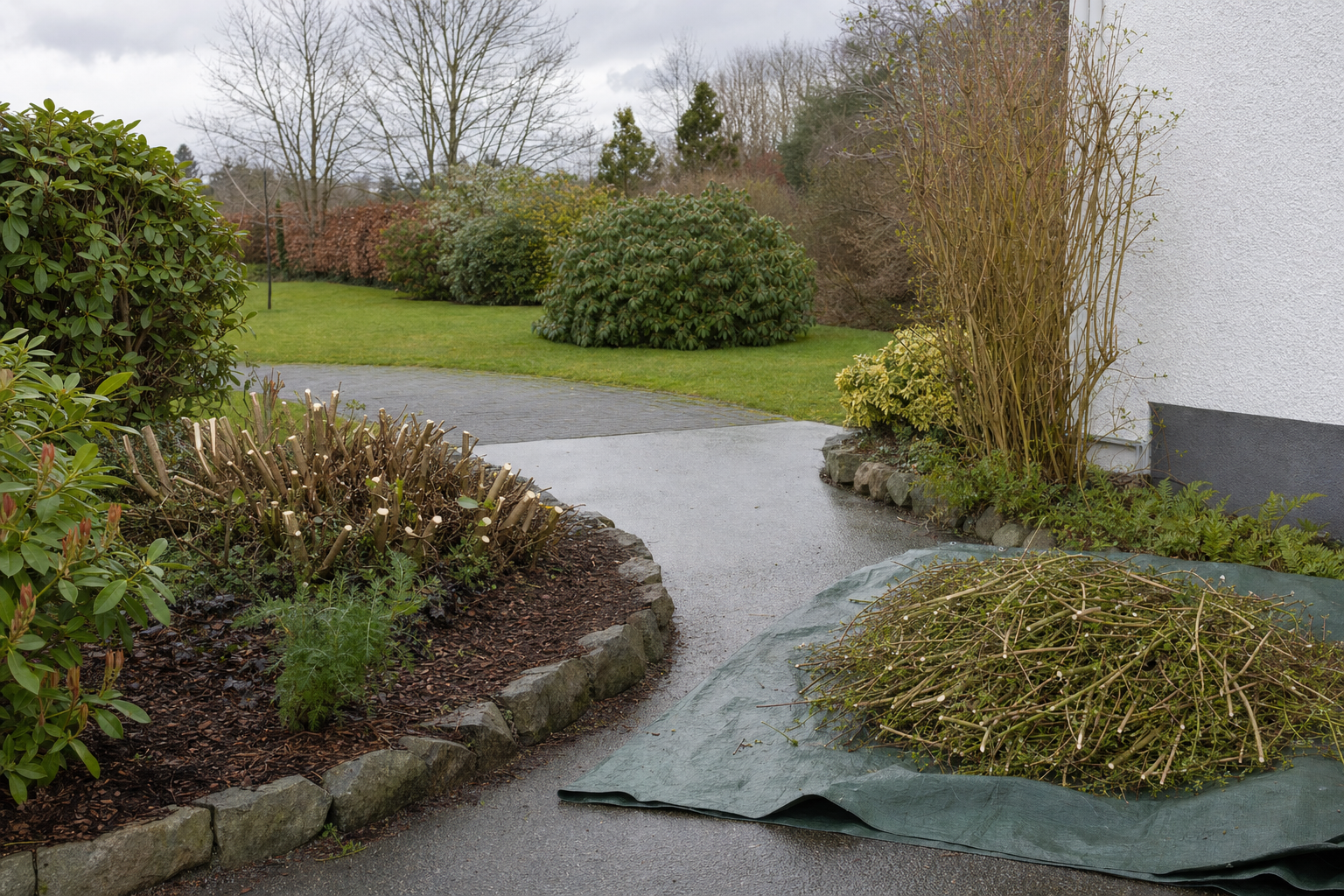Pruned branches piled on a tarp in a well-maintained garden.