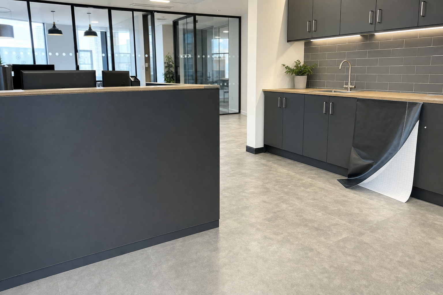 Modern office kitchen with grey cabinets, a potted plant, and partially opened large flooring sheet revealing the backing.