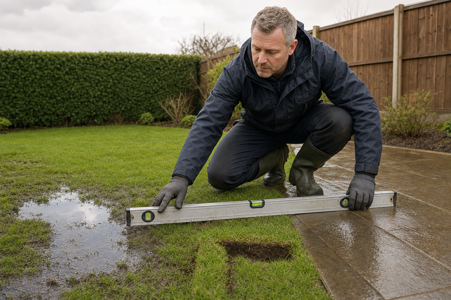 A man in outdoor clothing uses a spirit level on a wet, uneven lawn next to a patio.