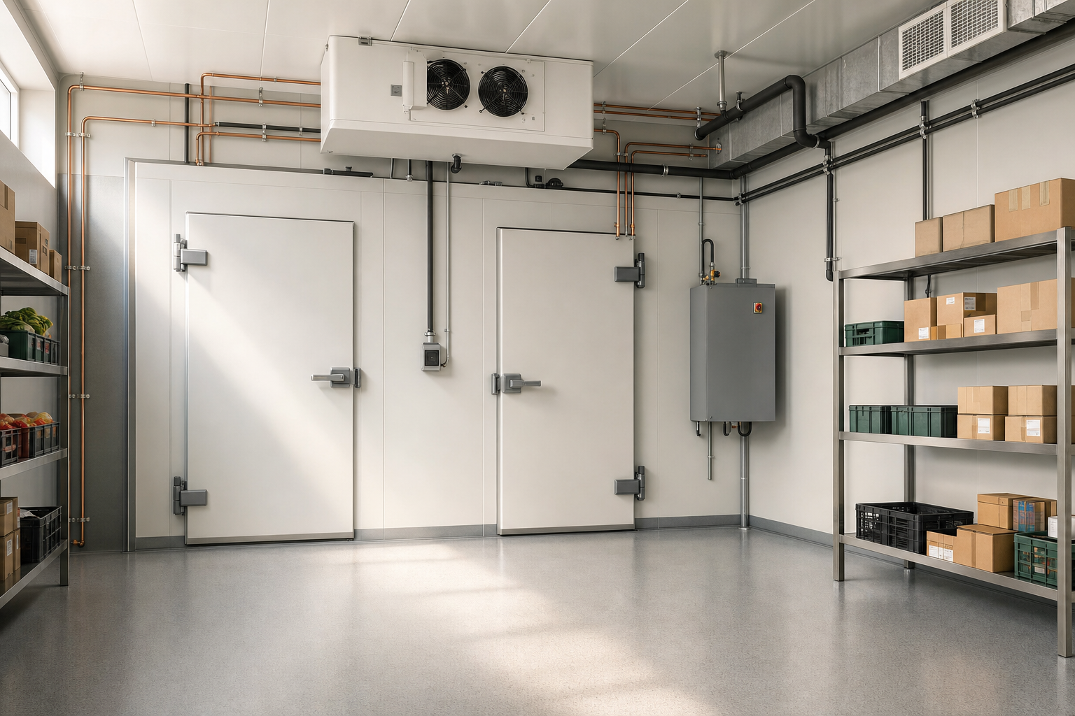 Industrial refrigeration room with two cooling units and shelves stocked with boxes and crates.