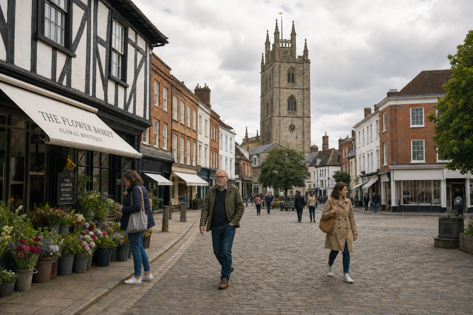 People walking on a cobbled street lined with shops and a tall clock tower in the background.