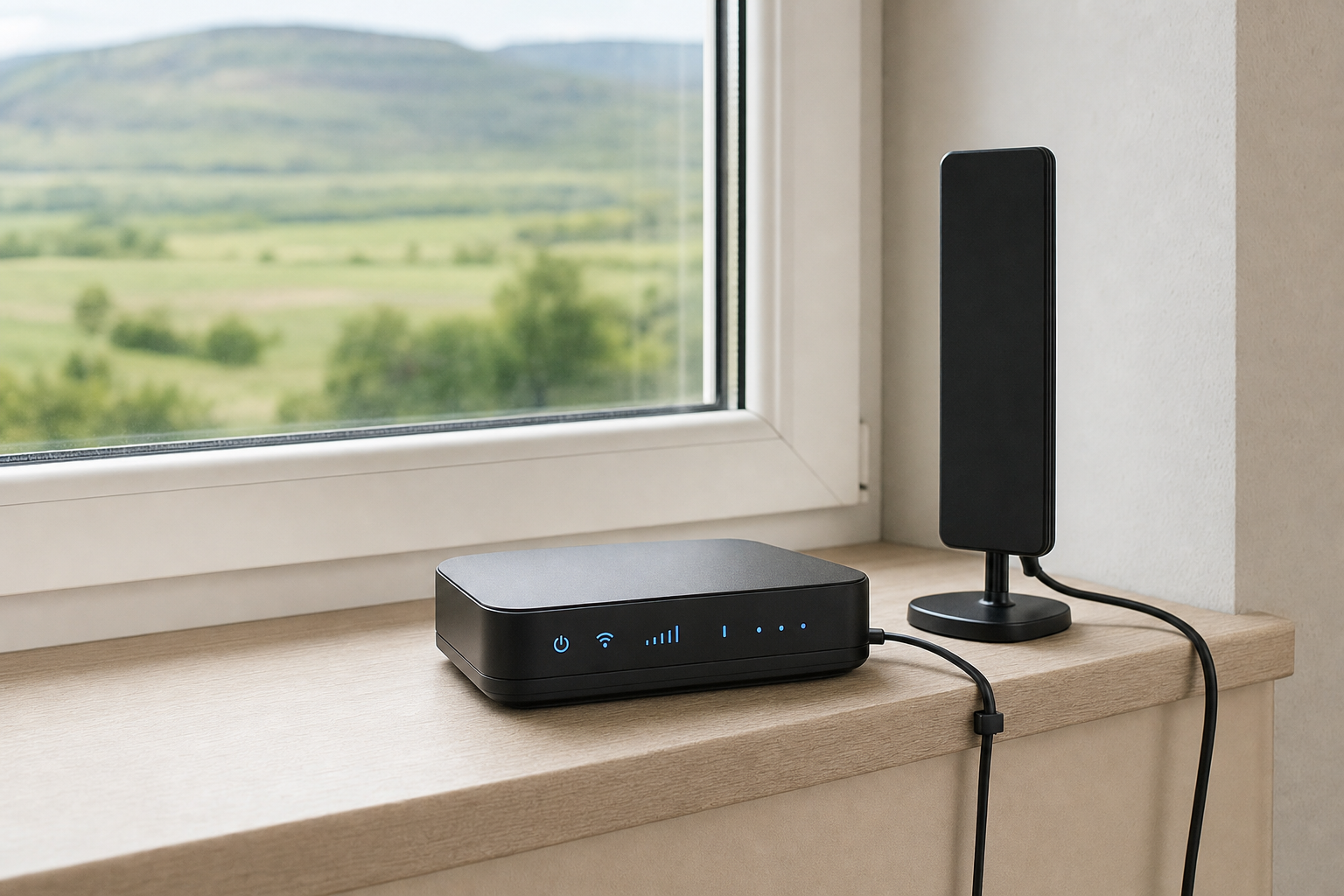 A black wireless router with an attached antenna sits on a windowsill overlooking a green landscape.