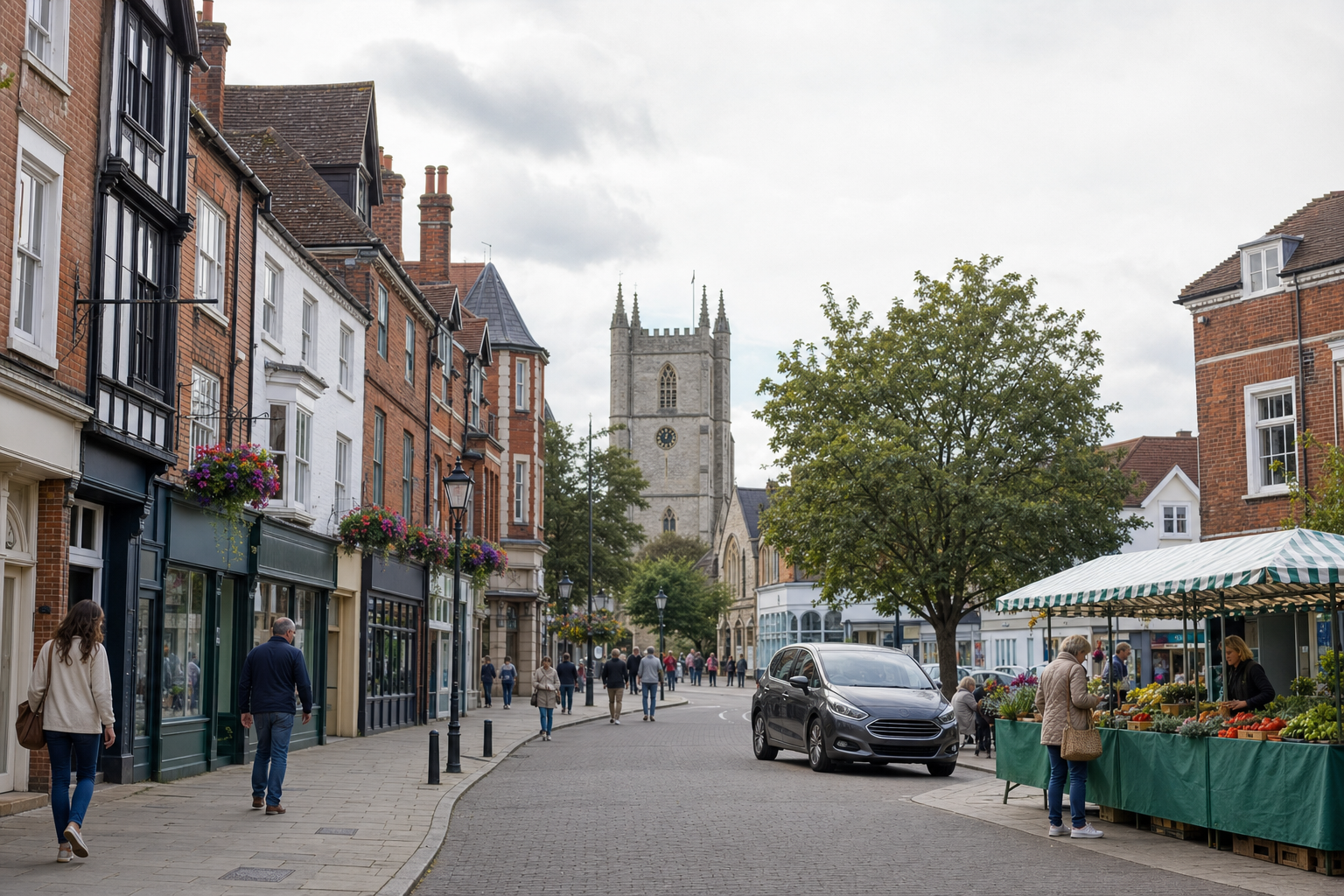 Bustling street with pedestrians, cars, and a market stall, leading to a historic church in the background.