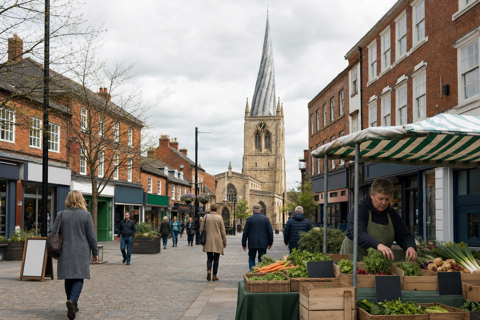 A market vendor arranges fresh produce on a bustling street with a historic church in the background.