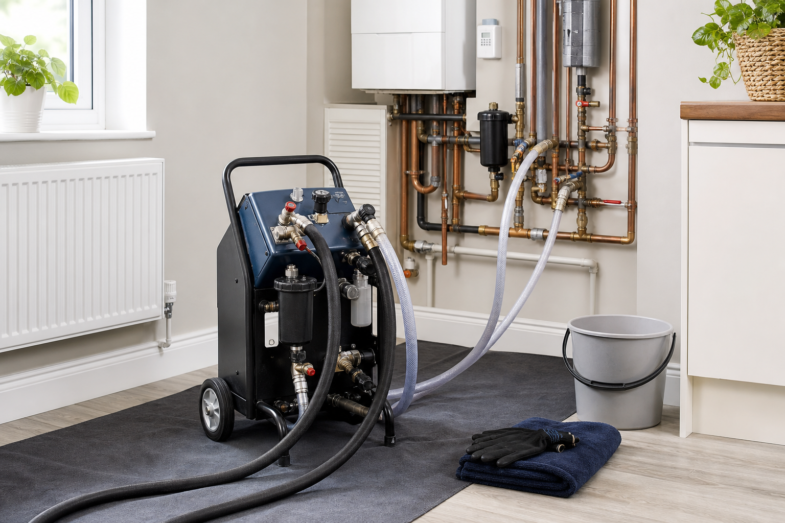 Boiler maintenance setup with connected hoses, a bucket, gloves, and a towel in a utility room.