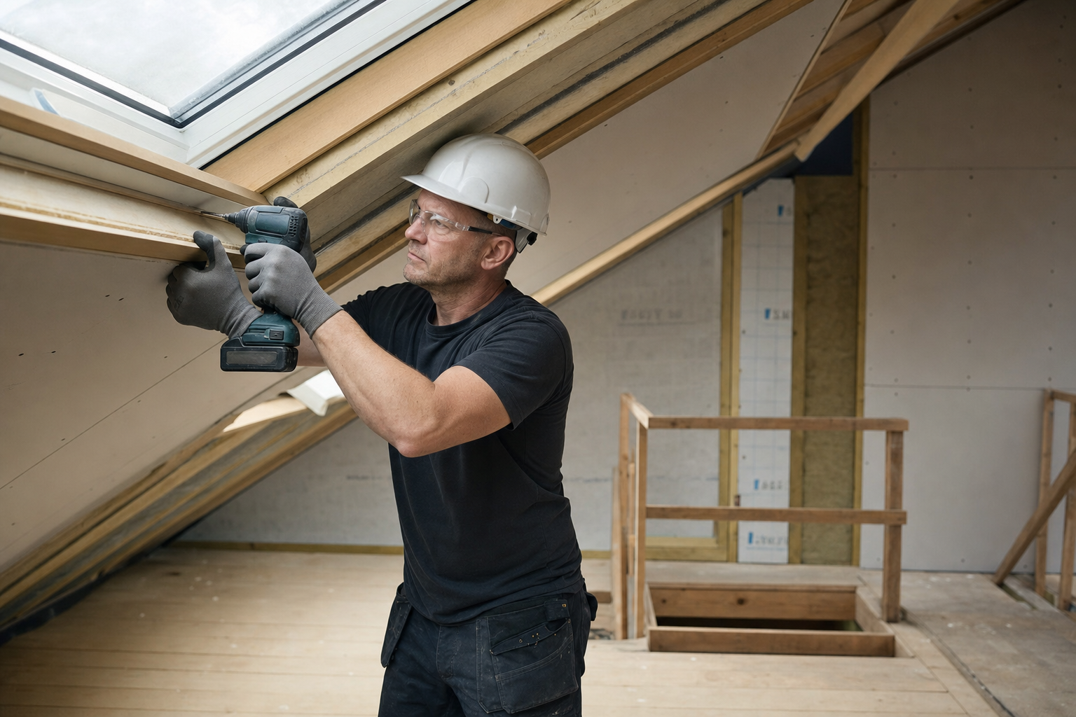 Construction worker in a hard hat installing a skylight in a loft conversion.
