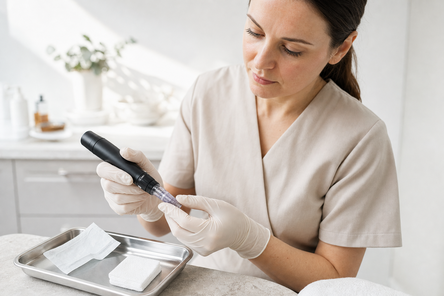 A beautician in gloves prepares a microneedling device in a bright, clean treatment room.