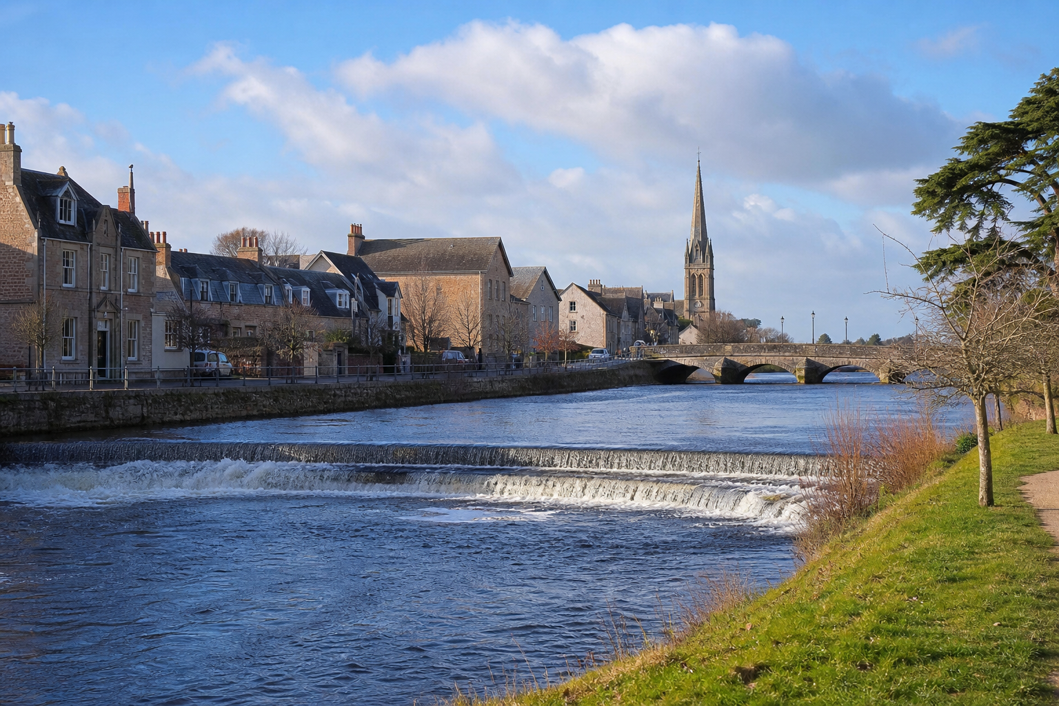 River flowing past historic buildings and a stone bridge under a sunny sky.