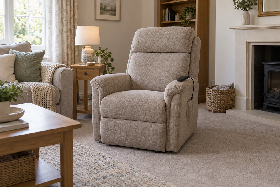 Beige recliner chair in a cosy living room with a fireplace and soft lighting.