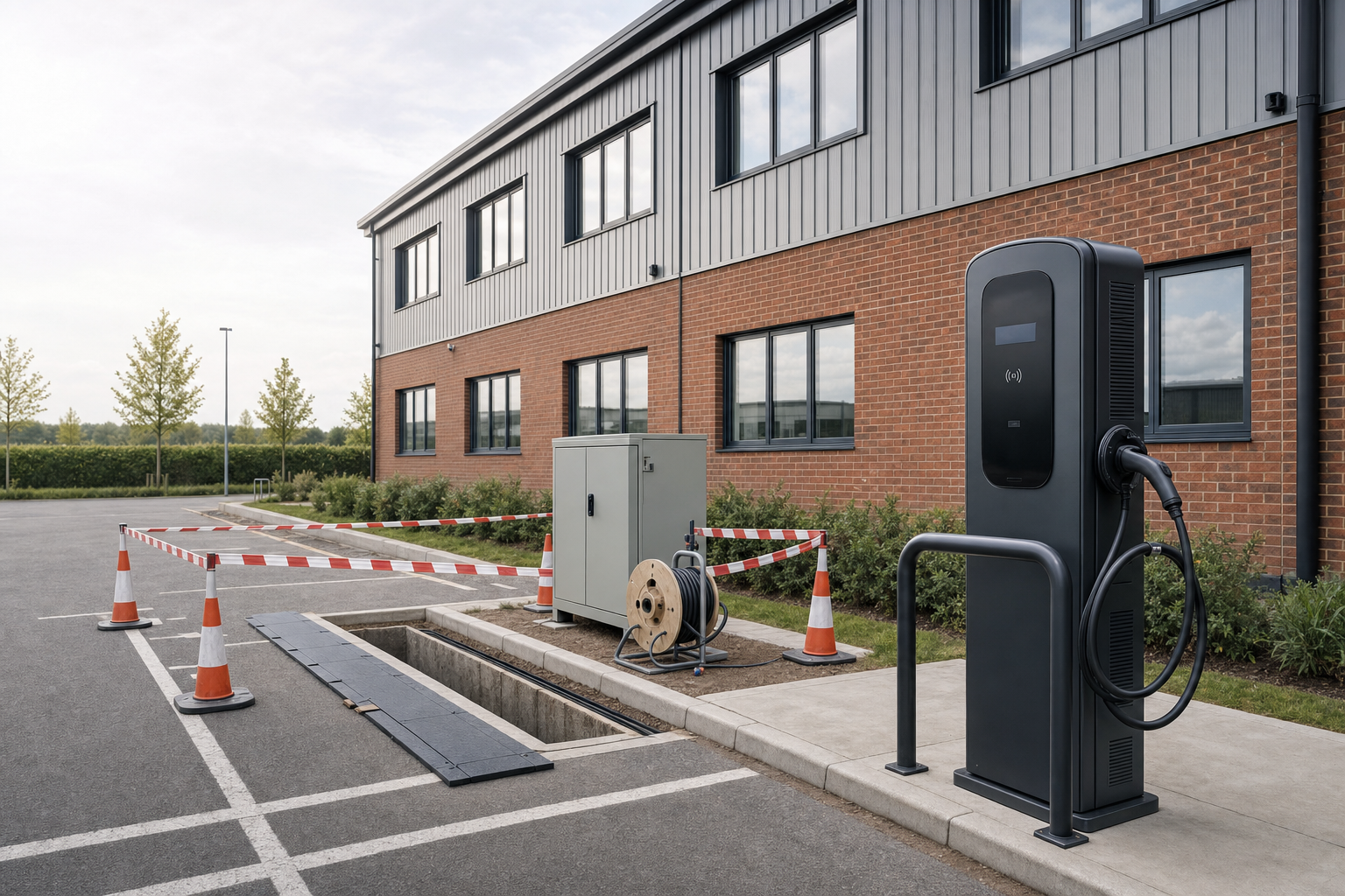 Electric vehicle charging station installation in progress beside a modern brick office building.