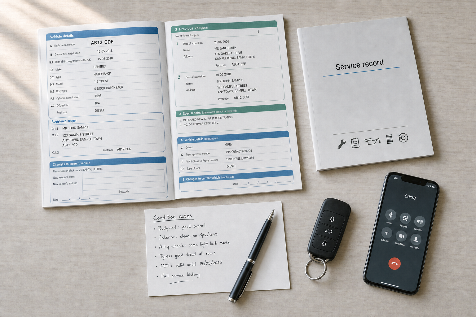 Open vehicle service book and condition notes on a table with a smartphone, car keys, and a pen.