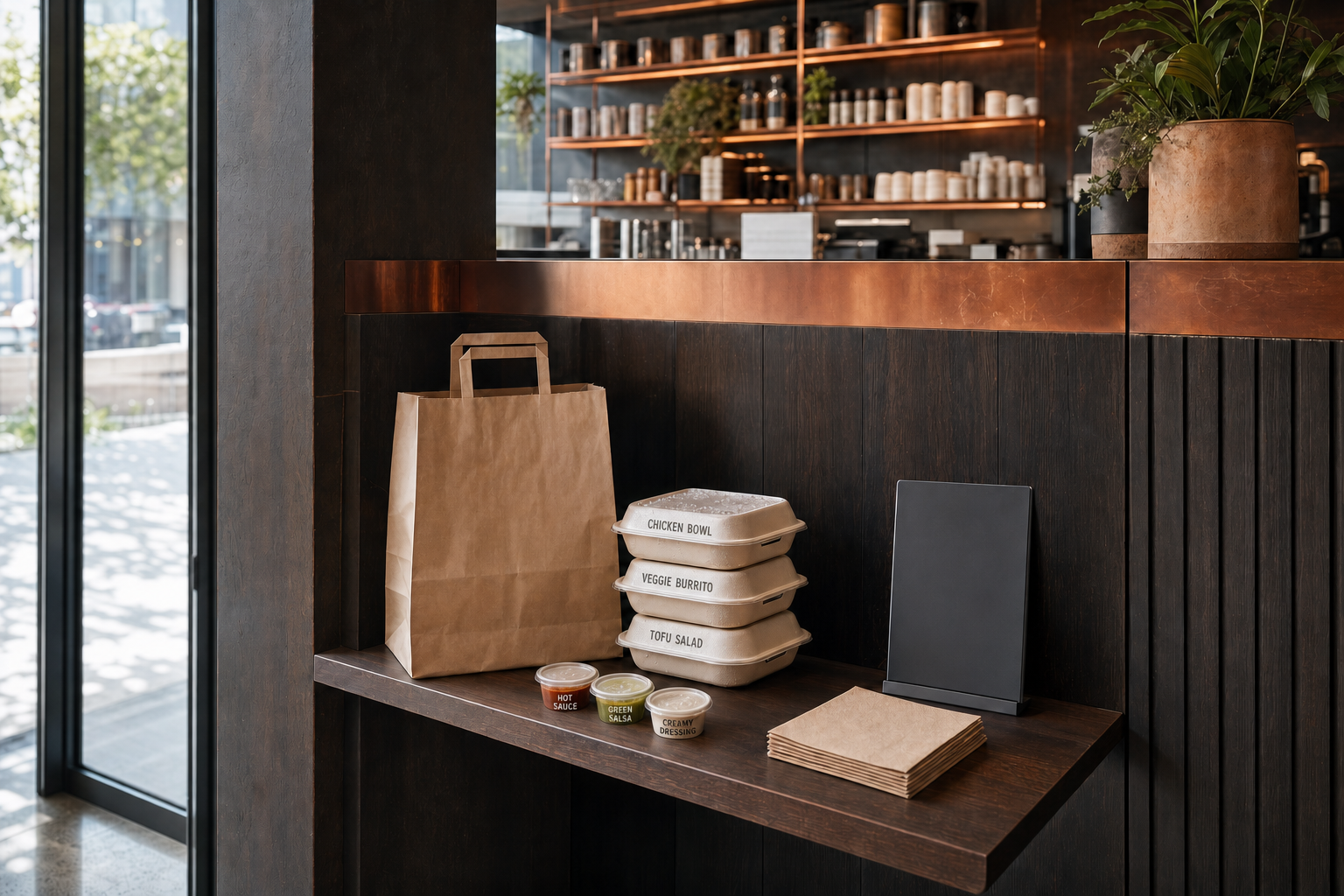 Takeaway food containers and condiments with a paper bag on a shelf near a café counter.