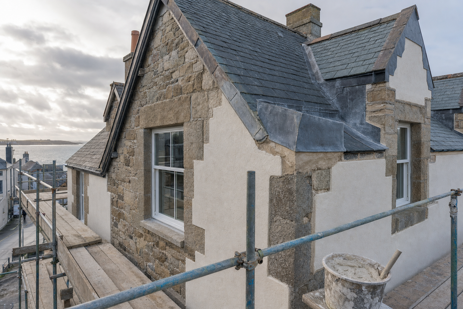 A stone cottage under construction with scaffolding overlooking the sea.