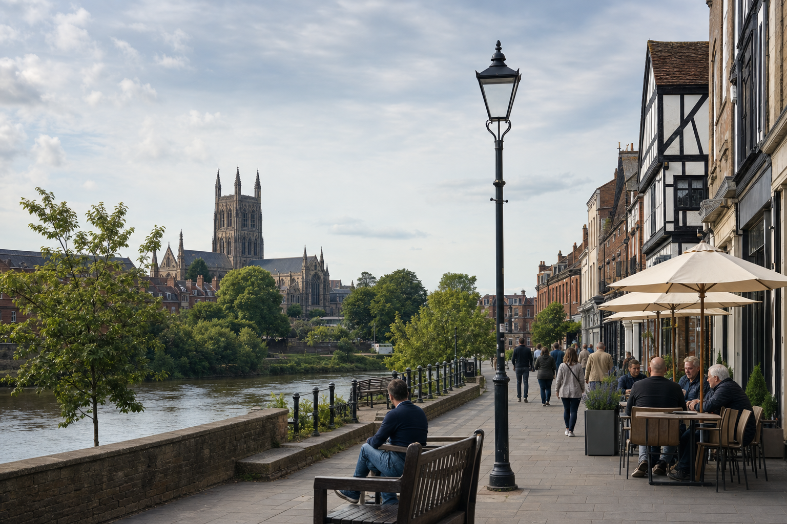 People dining at riverside cafes with a cathedral in the background on a cloudy day.