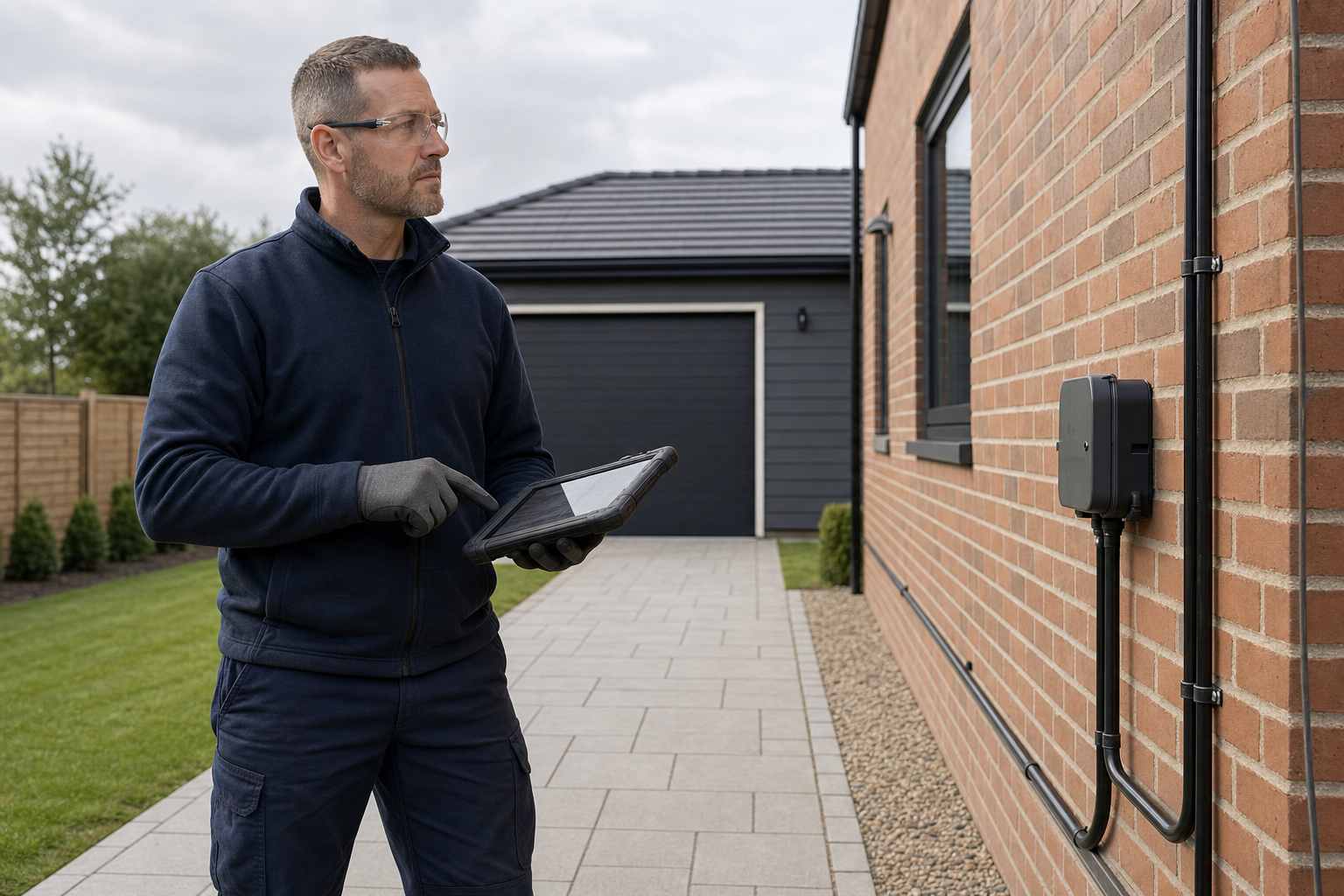 A man in work attire inspects an electrical box on a brick house using a tablet.