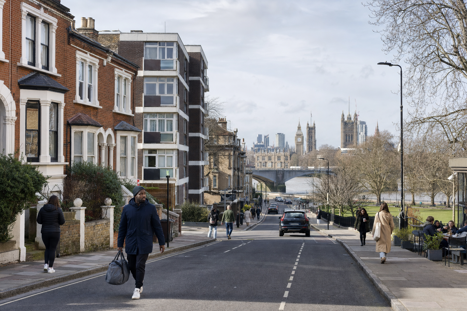 People walking on a street in London with the Houses of Parliament visible in the background.