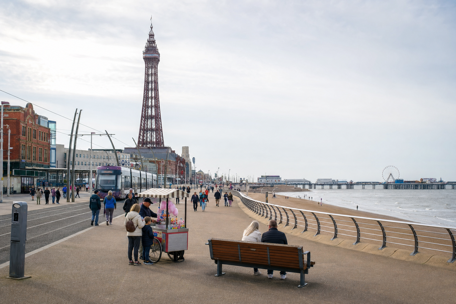 Blackpool promenade with the tower in the background, a tram, and people enjoying the seaside atmosphere.