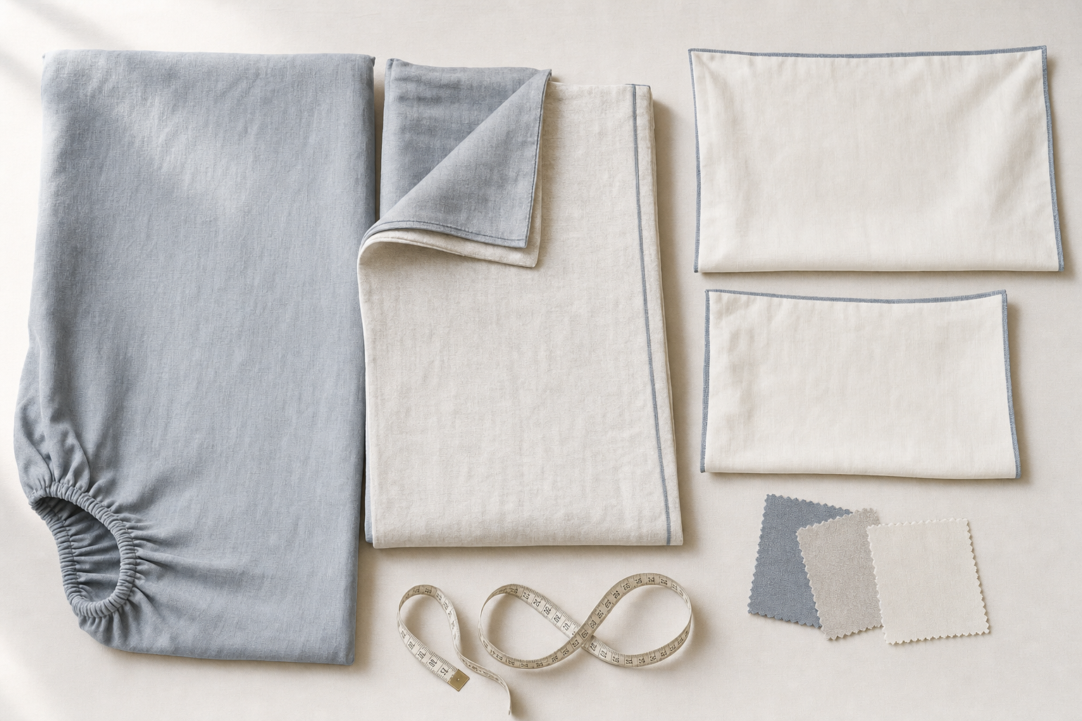 Bedding set with light blue and white sheets, pillowcases, fabric swatches, and a measuring tape on a beige surface.