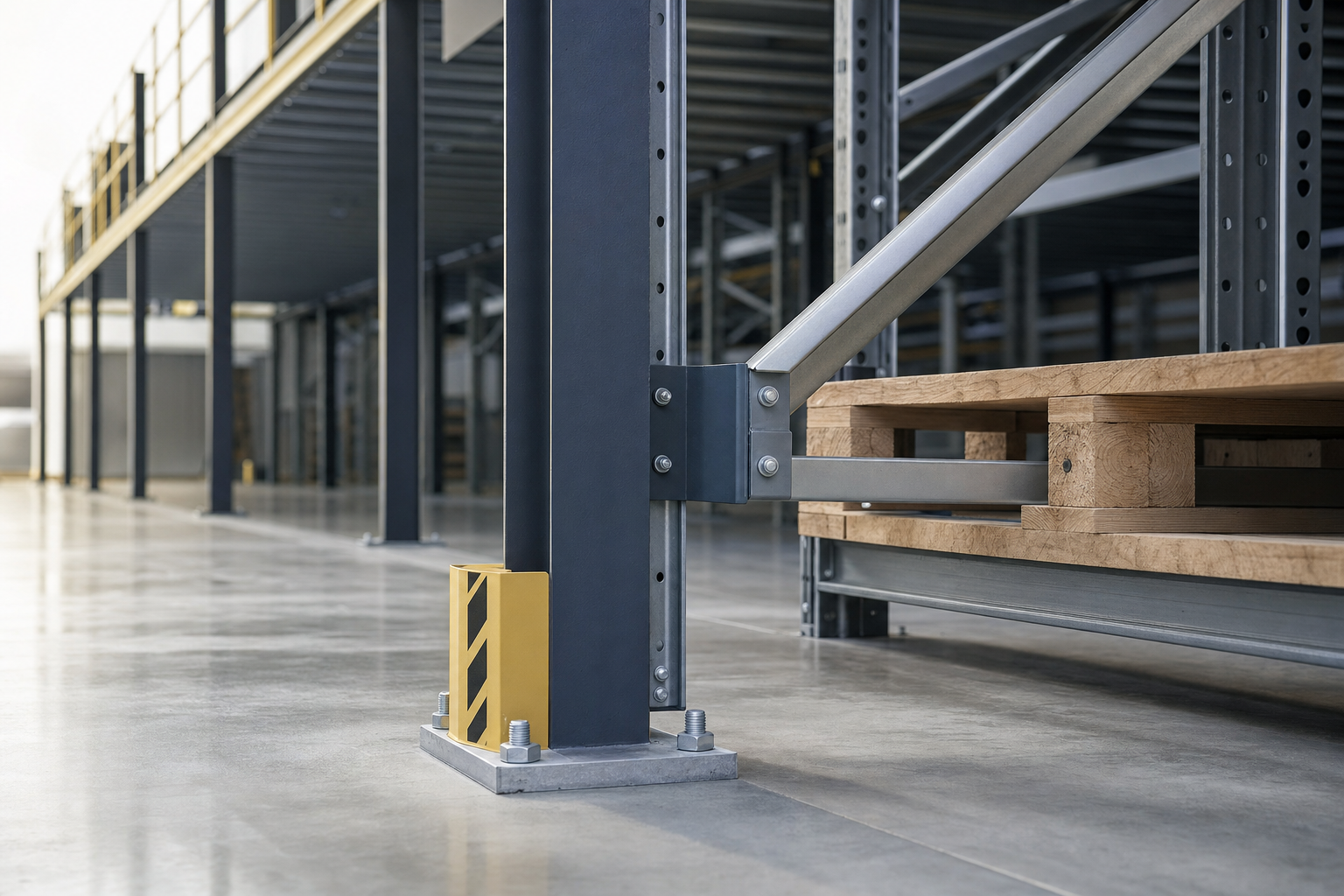Warehouse racking system with metal beams and a yellow safety guard on a polished concrete floor.