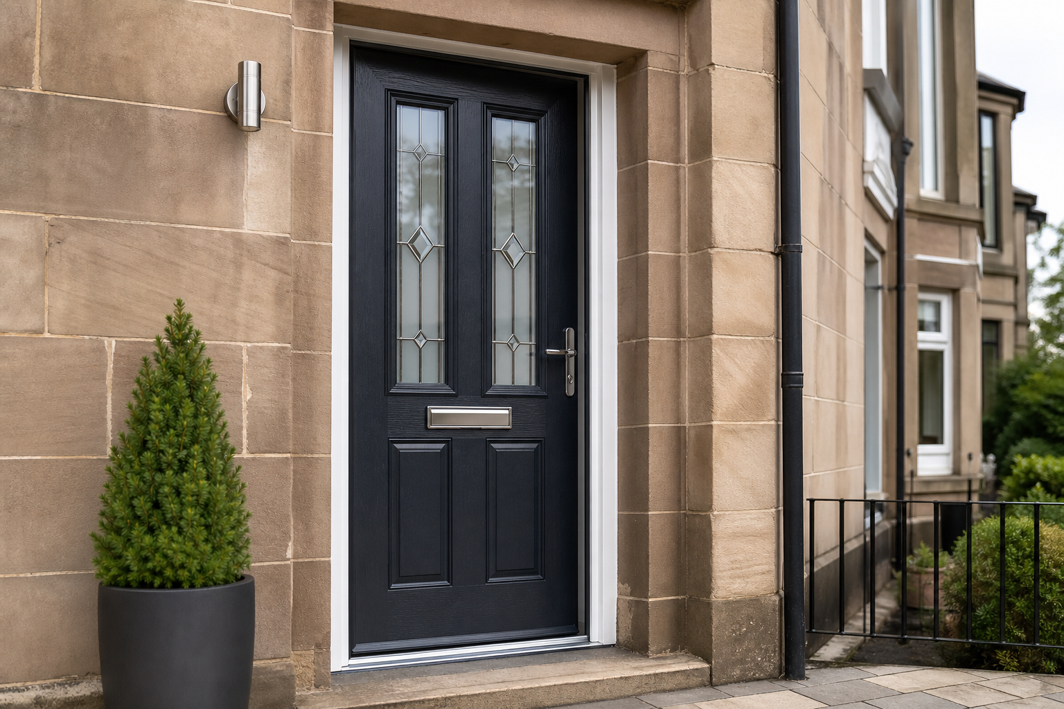 Black front door with decorative glass panels and a potted plant beside it.