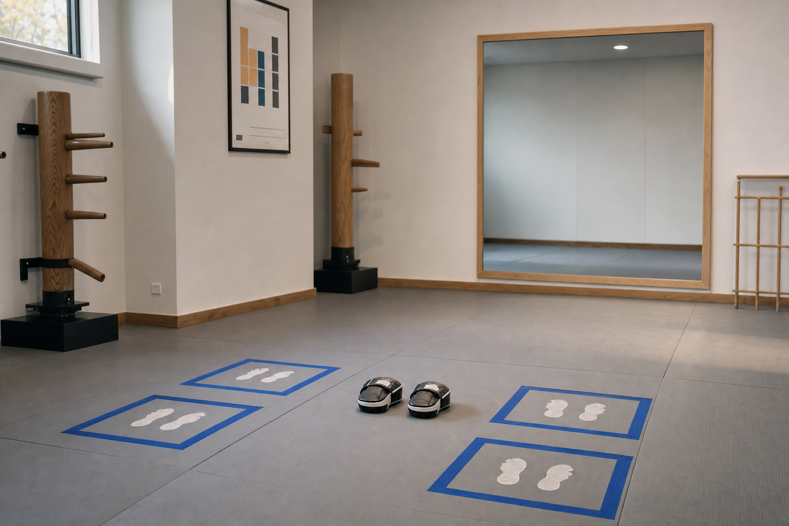 A martial arts studio with training dummies, a large mirror, and marked foot positions on the floor.