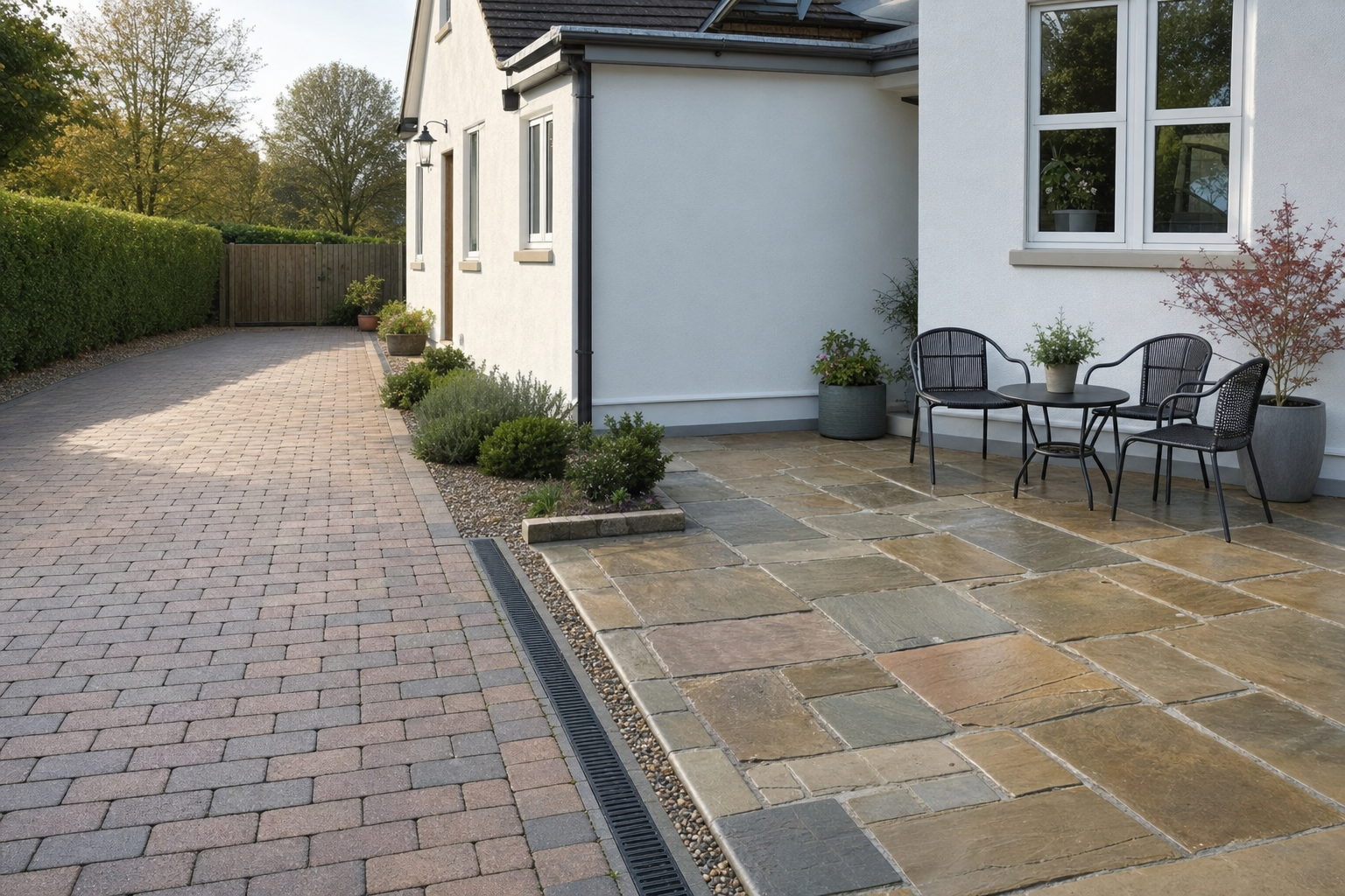 Paved driveway and stone patio with outdoor seating and potted plants next to a white house.