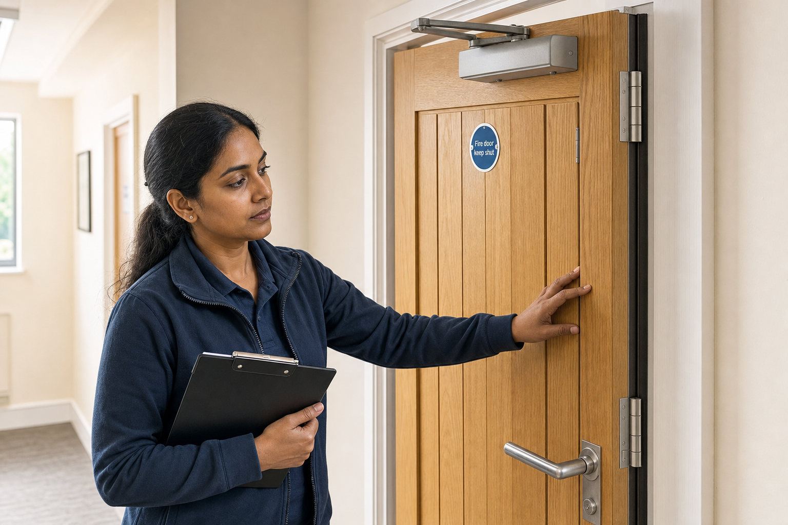 Woman inspecting a fire door while holding a clipboard in a light-coloured hallway.
