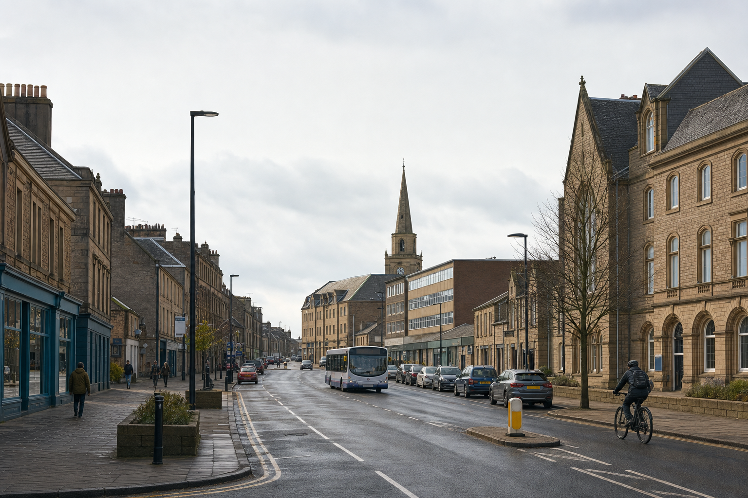 A quiet street scene in a British town with a cyclist, a passing bus, and a church spire in the background.