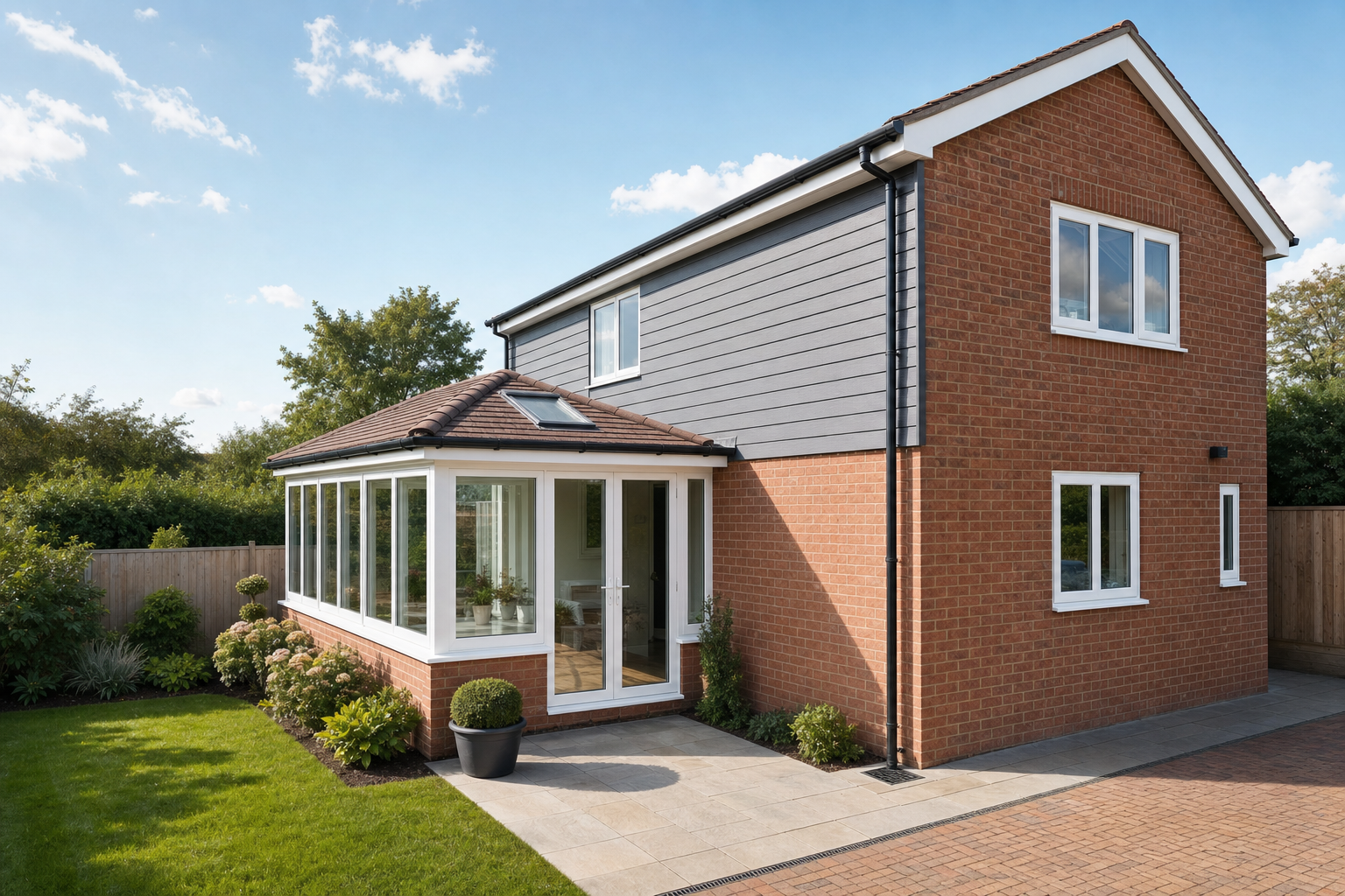 Modern brick house with a grey upper floor, white-framed conservatory, and well-kept garden under a clear blue sky.
