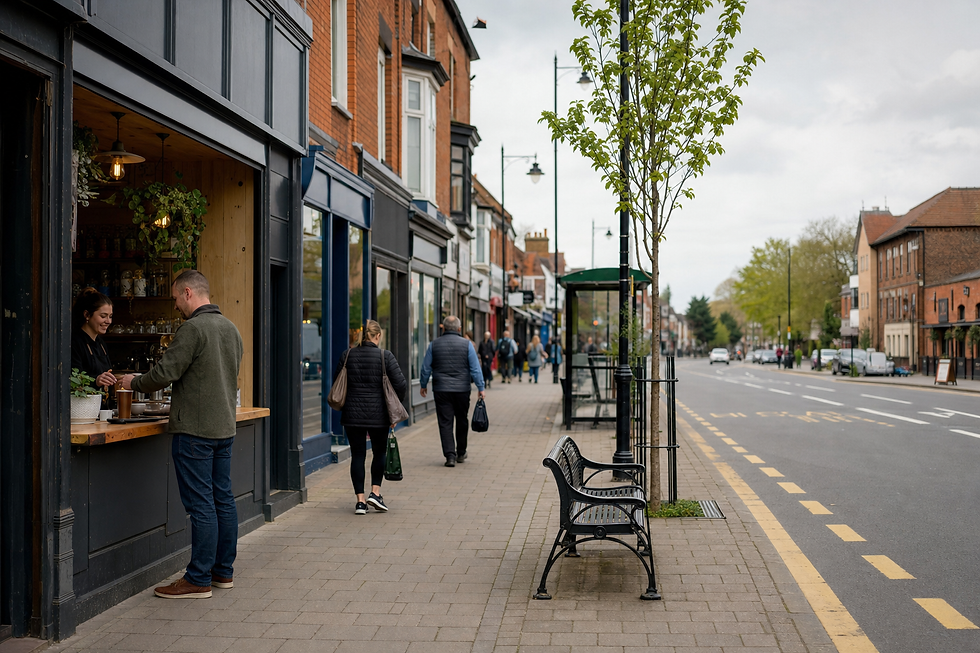 A man buys coffee from an open shop window on a tree-lined street as others stroll along the pavement.