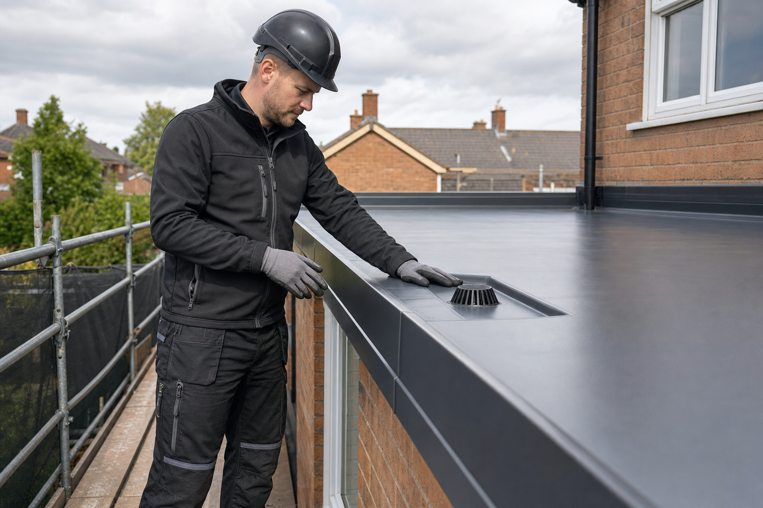 Builder inspecting a flat roof drain on a newly constructed house extension.