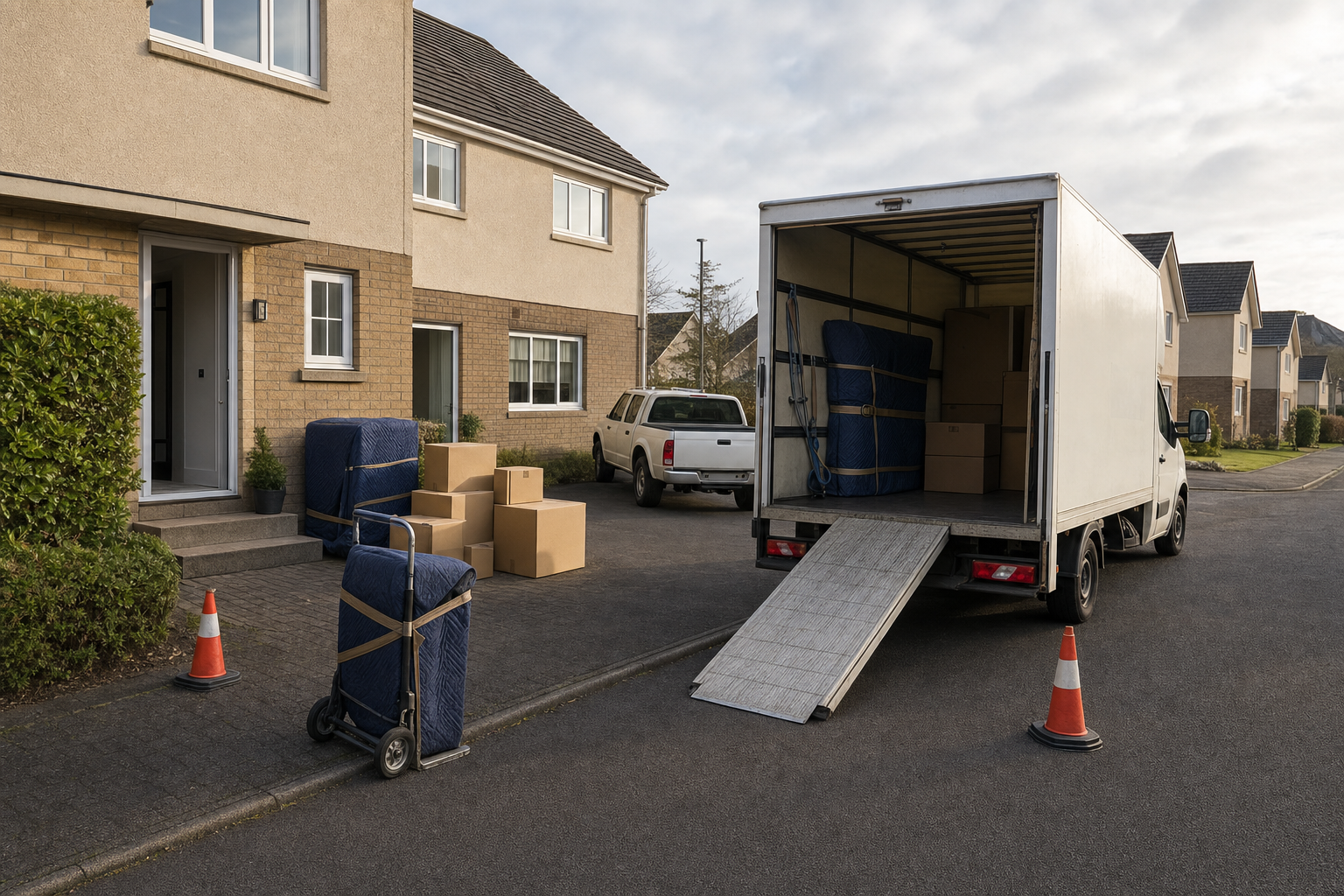 A moving van is parked outside a suburban house with boxes and furniture ready for loading.
