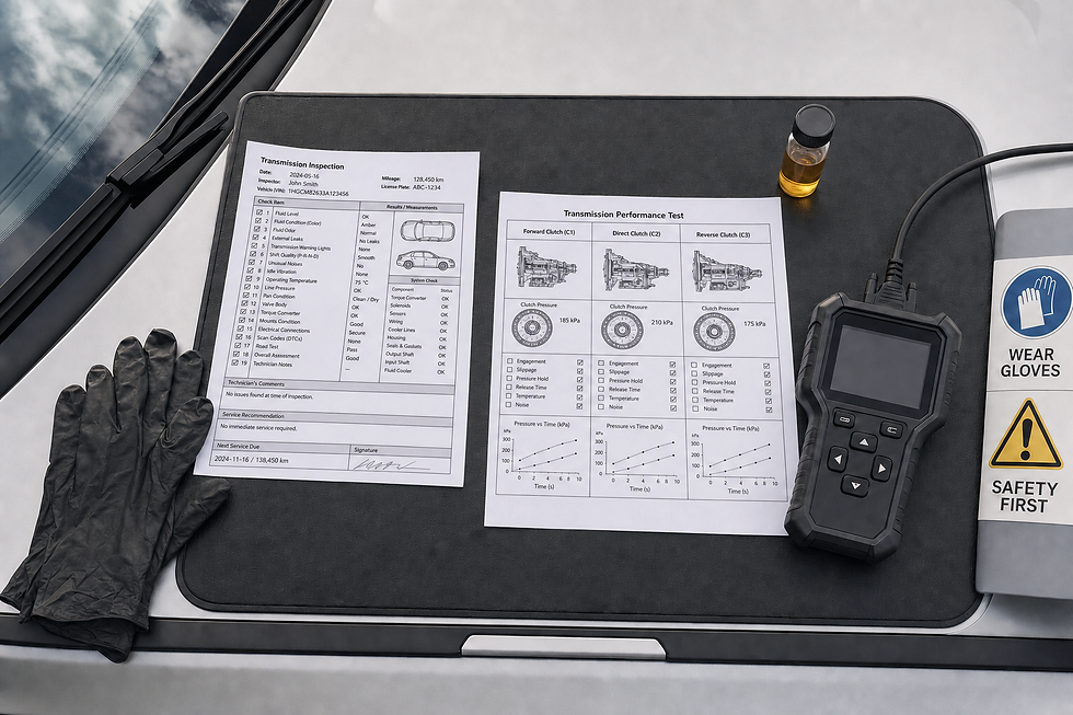 Transmission inspection documents and tools, including a digital analyser, on a car bonnet.