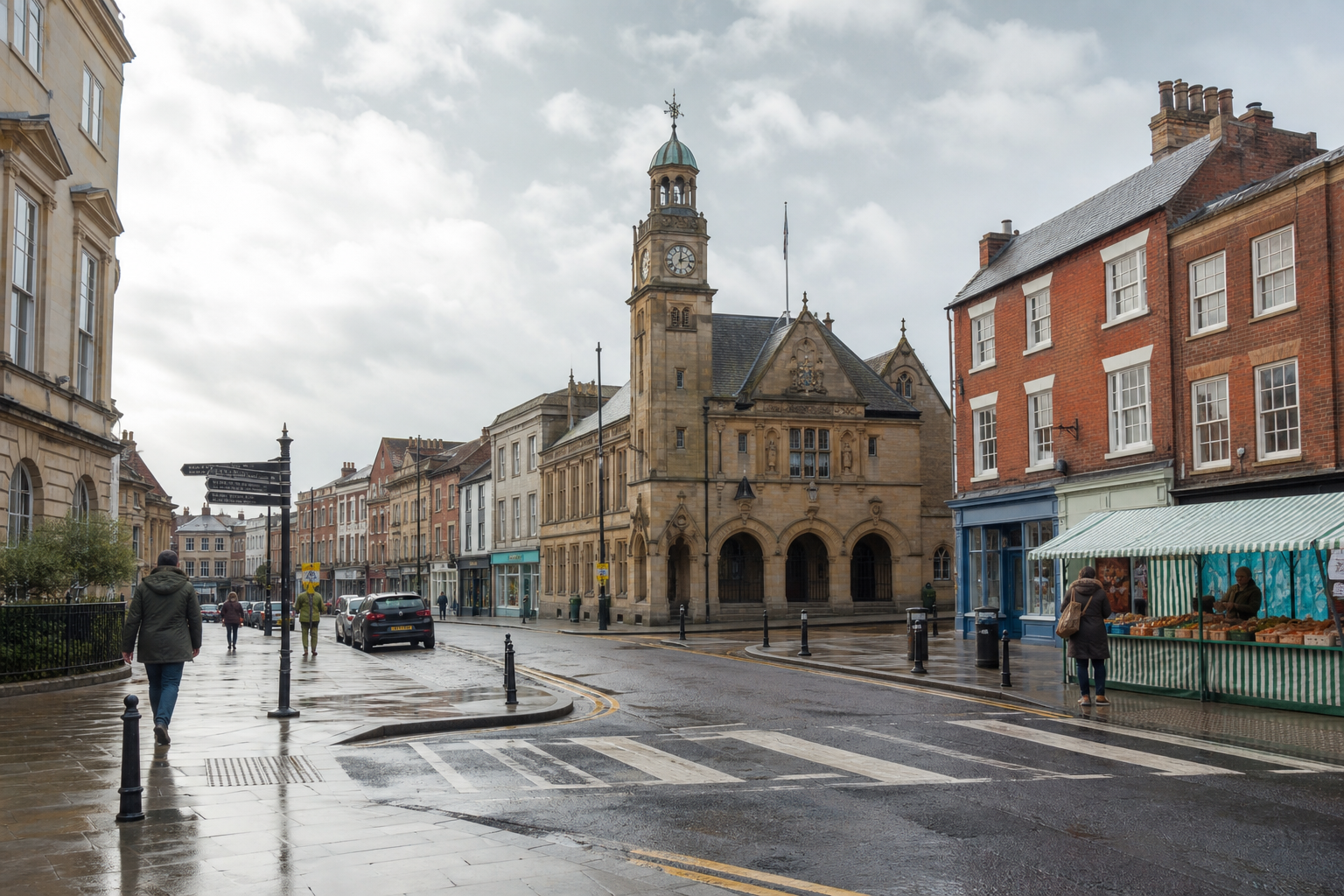 Rainy street scene with a historic building featuring a clock tower, lined with colourful houses and a market stall.