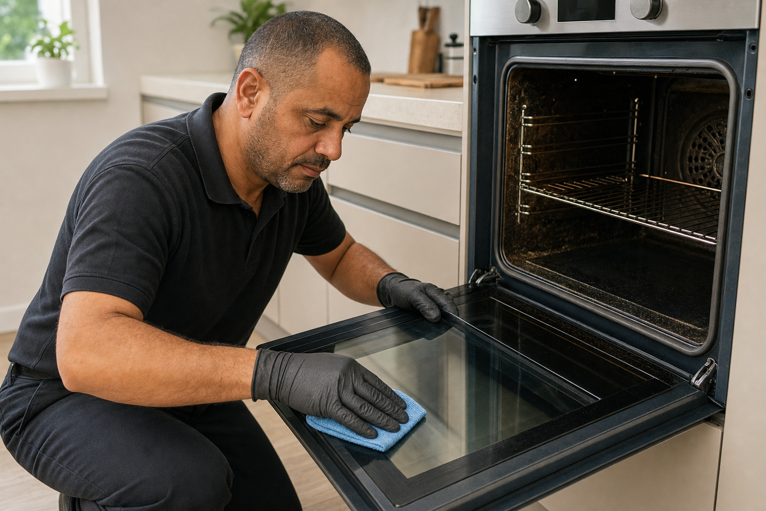 A man wearing gloves cleans an open oven door with a blue cloth in a modern kitchen.