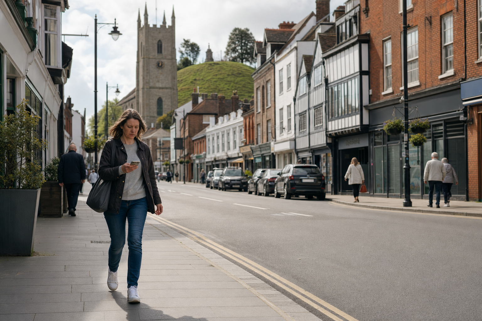 A woman walks along a historic street, looking at her phone, with a church and grassy hill in the background.