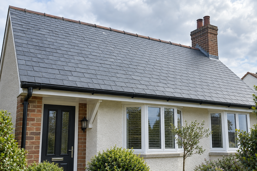 A single-storey house with a grey tiled roof, brick chimney, and black front door surrounded by green shrubs.