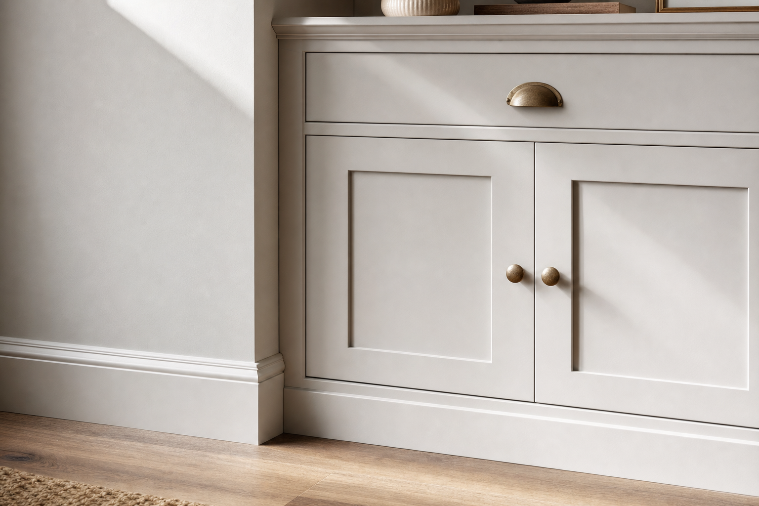 Light grey cabinet with brass handles against a neutral wall, bathed in natural sunlight.