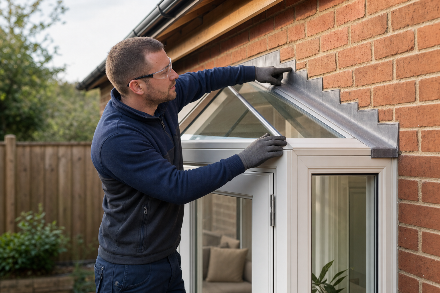 A man wearing safety glasses and gloves adjusts a glass awning on a brick house.