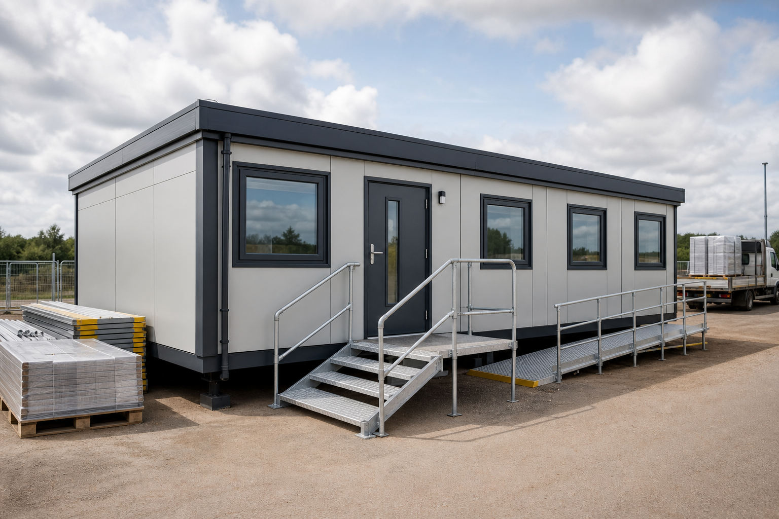 A modular grey building with a metal staircase and railing in an industrial setting.
