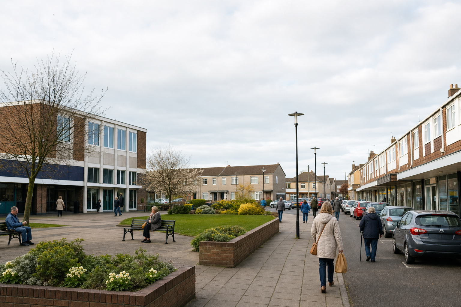 People walk and sit in a small town shopping area with buildings, benches, and parked cars on a cloudy day.