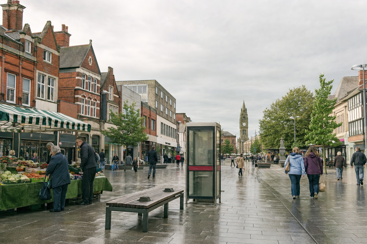 High street scene with people passing by a market stall and historic clock tower in the distance.