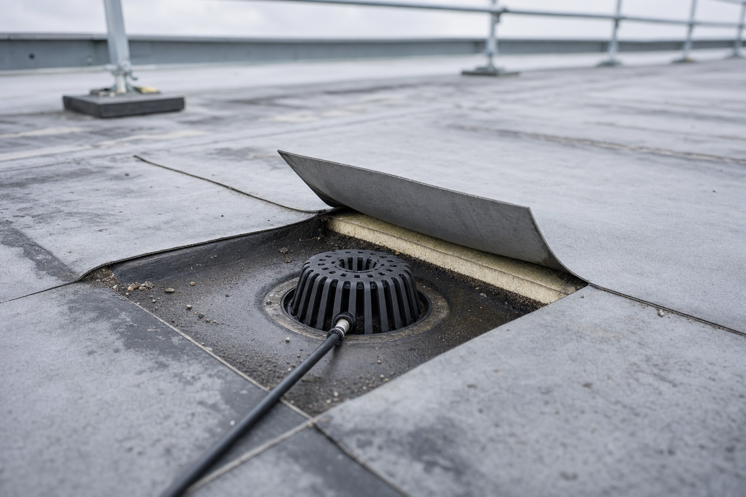 Flat rooftop with an exposed drain and overlying sheet partially peeled back.