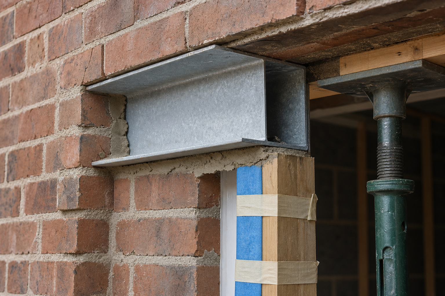 Steel lintel installed above a brick wall opening, supported by a wooden brace and an adjustable metal prop.