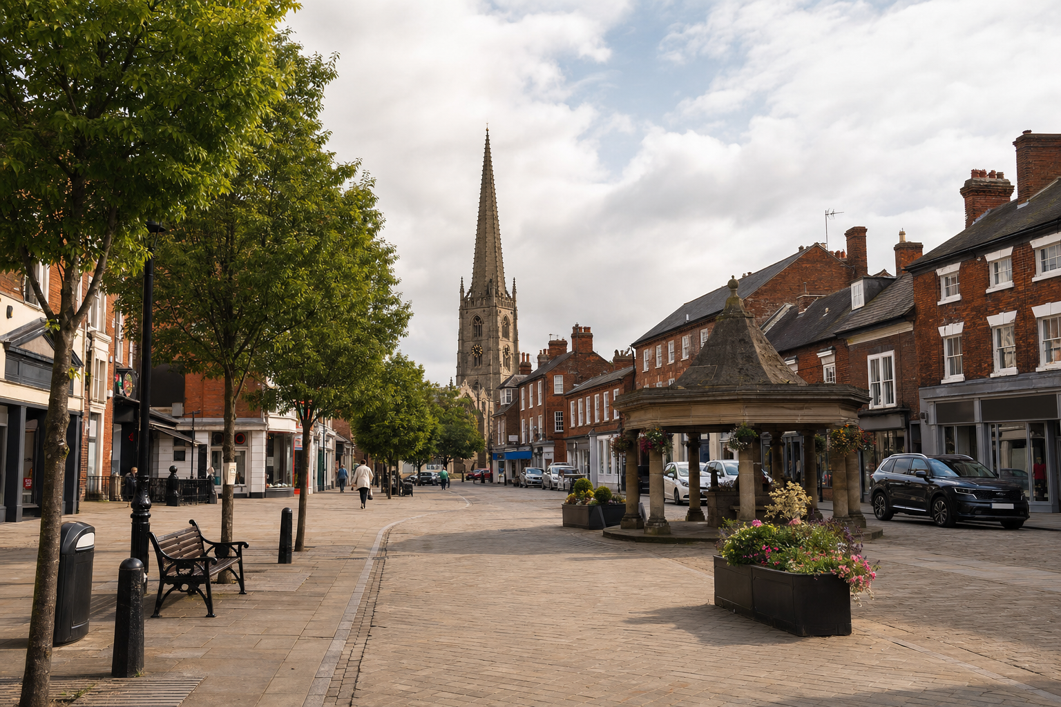 A quaint cobblestone street with a prominent spire in the background and vibrant flowers in the foreground.