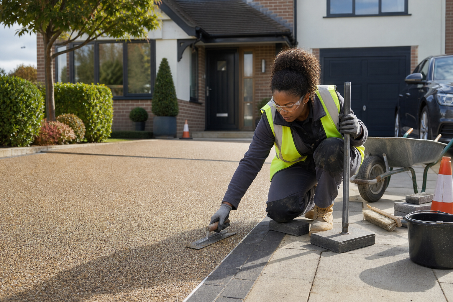 A construction worker smooths out a new driveway in front of a modern house.